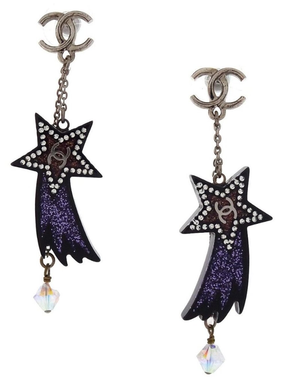 Chanel CC Shooting Star Dangle Pierced Earrings Silver 17K 167482